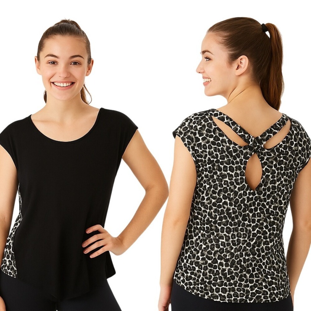 Forever 21 Crop Top M Black Gray Leopard Cap Sleeve Cutout Cross Back‎ Trendy